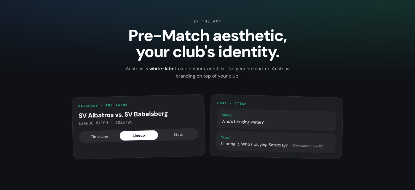 In-app match day and team chat, themed in the club's colours