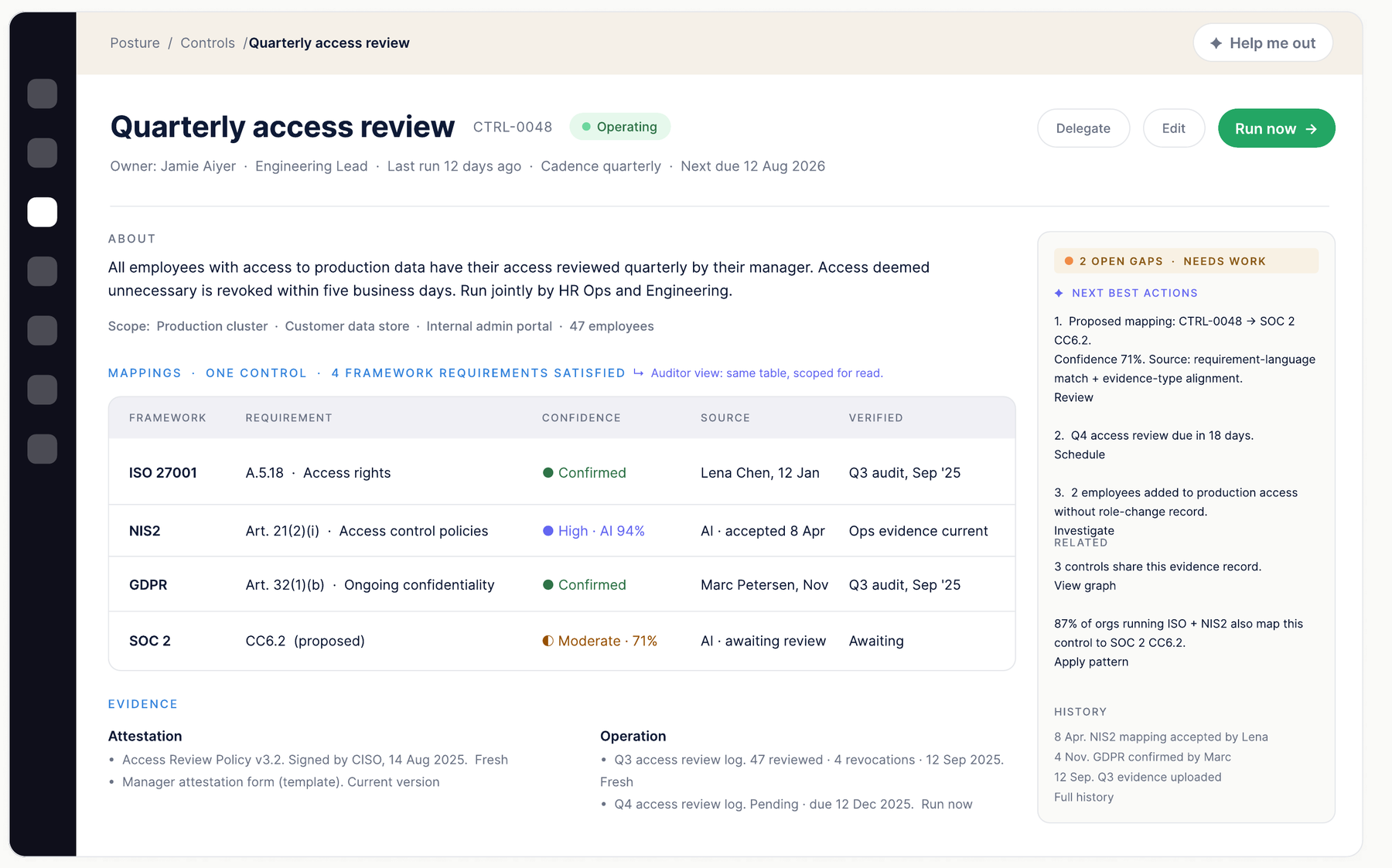 Operator view, control detail with cross-framework mappings table
